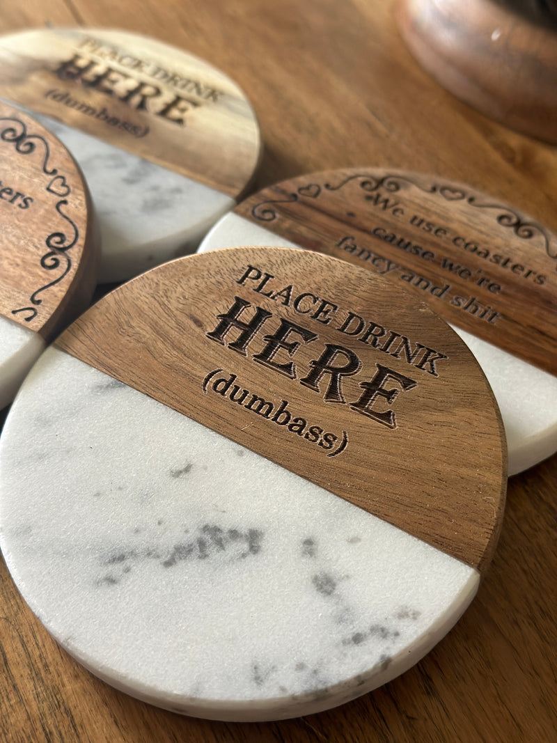 Funny wood and marble coaster set