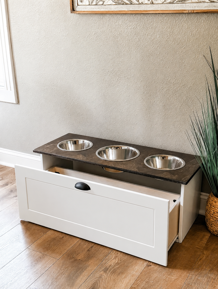 3 bowl elevated pet feeder with storage drawer farmhouse style