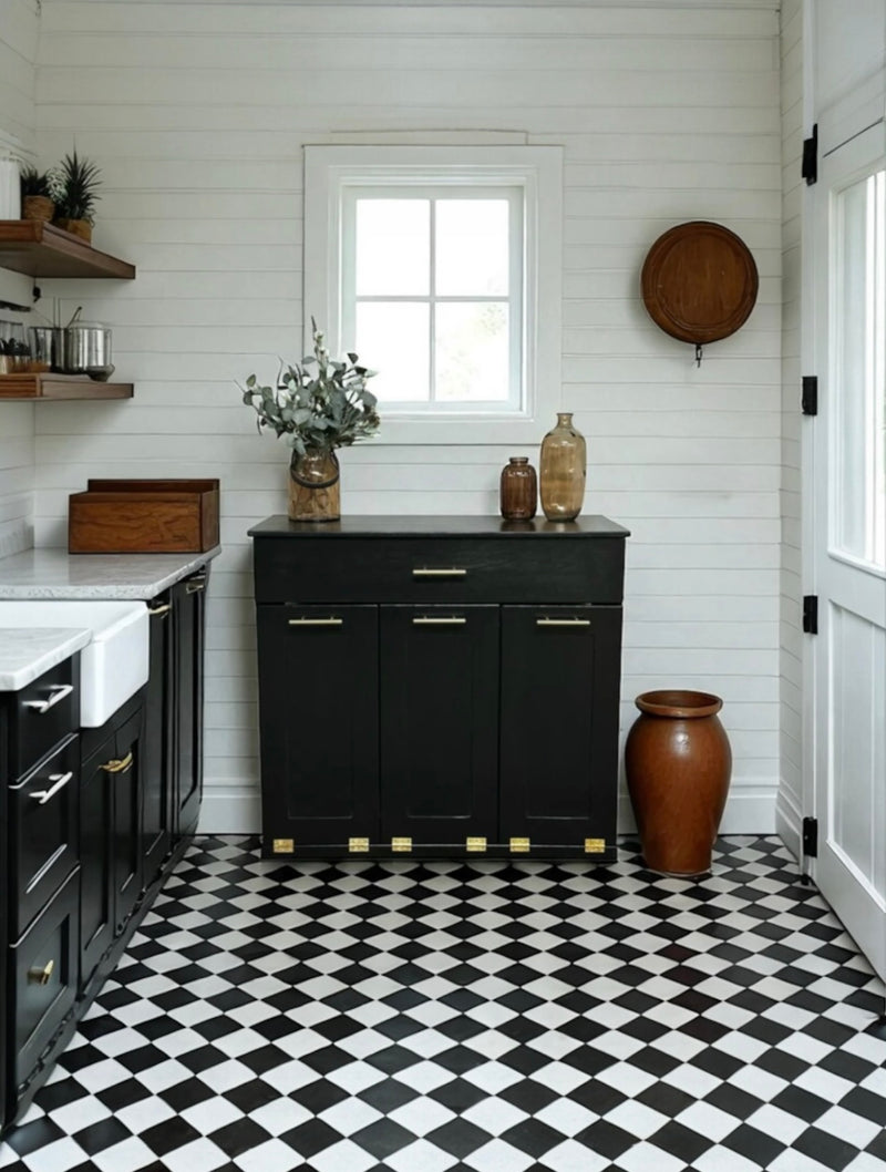 Prescott with a storage drawer in black farmhouse style doors