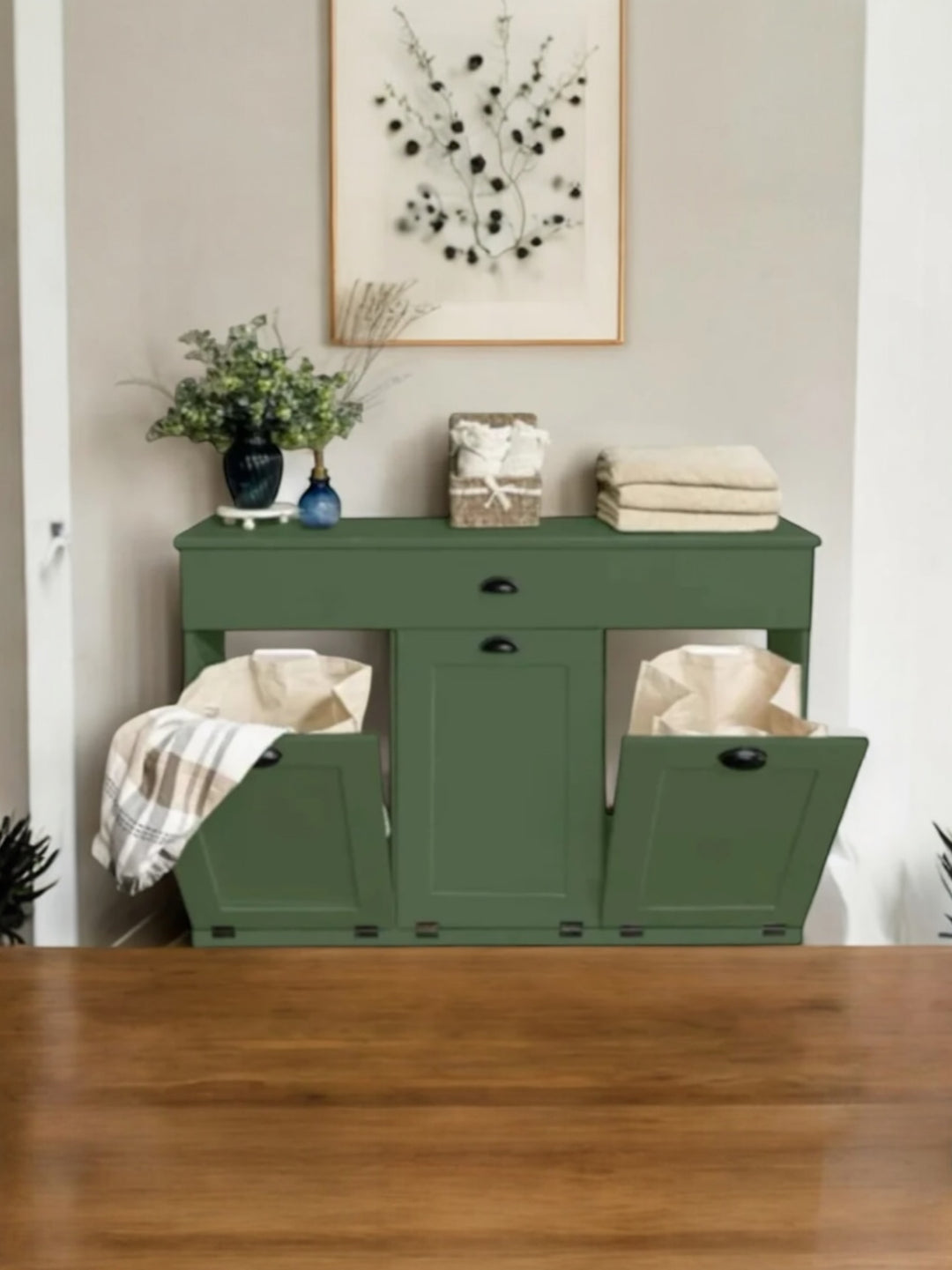 Freestanding Triple laundry with a storage drawer in green