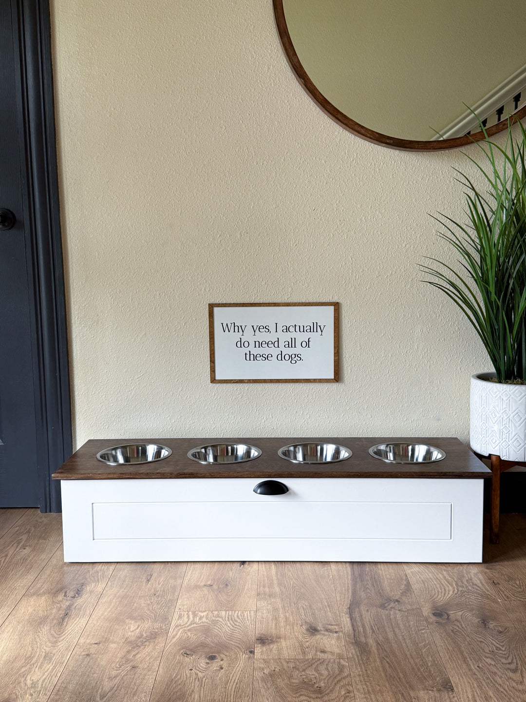Four bowl large size white elevated dog feeder with drawer