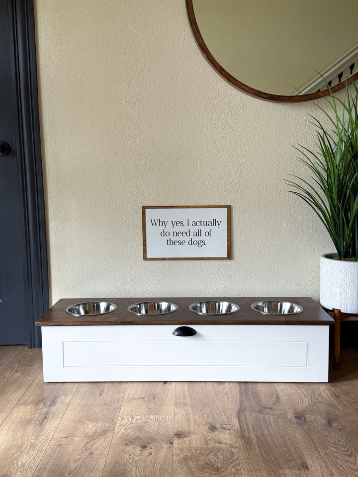 Four bowl large size white elevated dog feeder with drawer