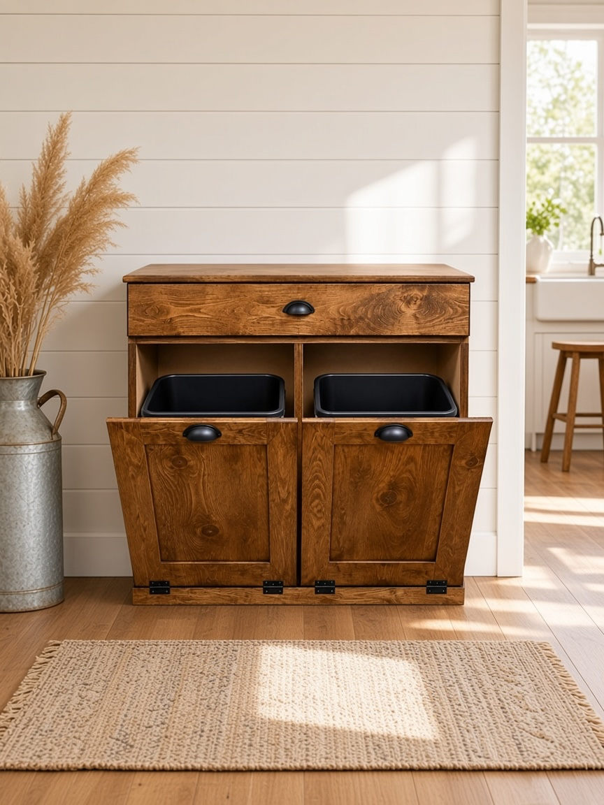 Counter tall hidden trash cabinet with a storage drawer in warm brown