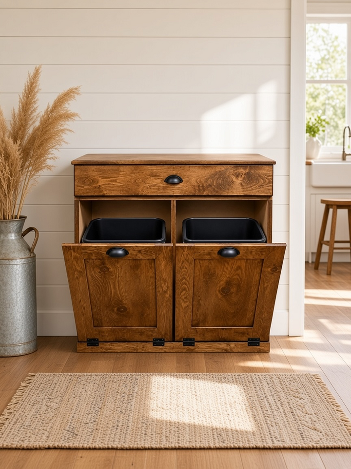 Counter tall hidden trash cabinet with a storage drawer in warm brown