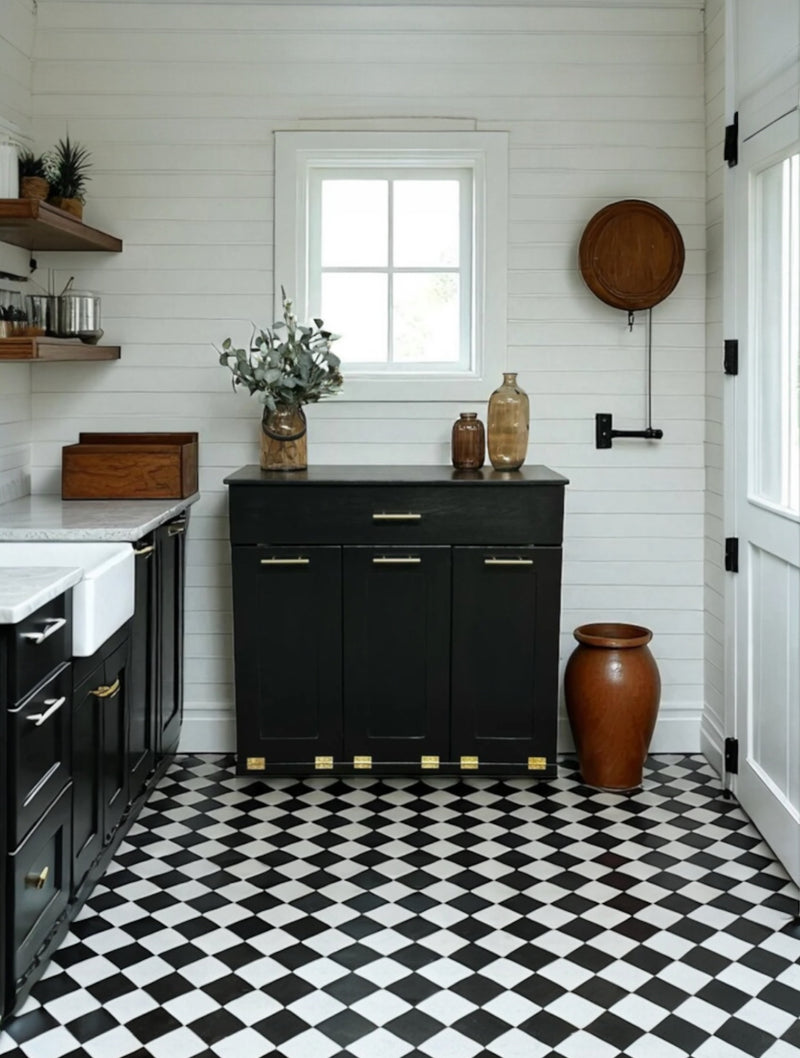 Prescott with a storage drawer in black farmhouse style doors