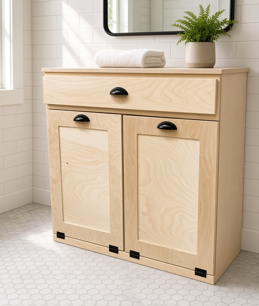 Bare wood furniture style laundry double hamper with a storage drawer
