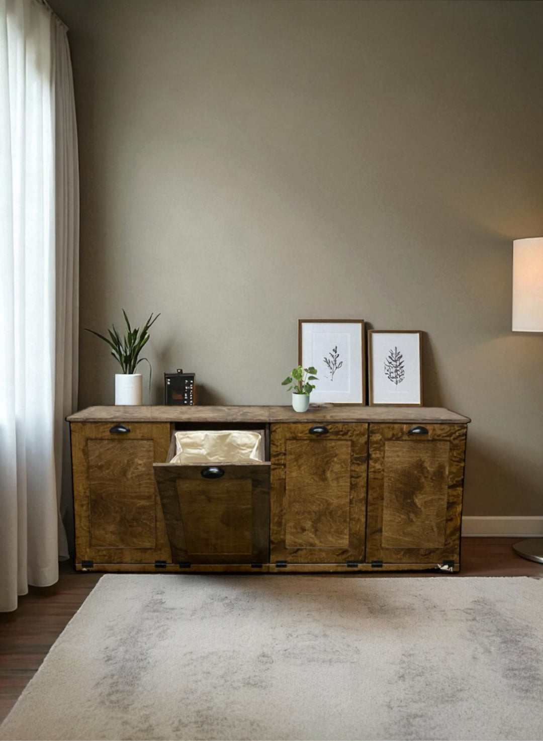 Quad 4 bin laundry in warm brown stain