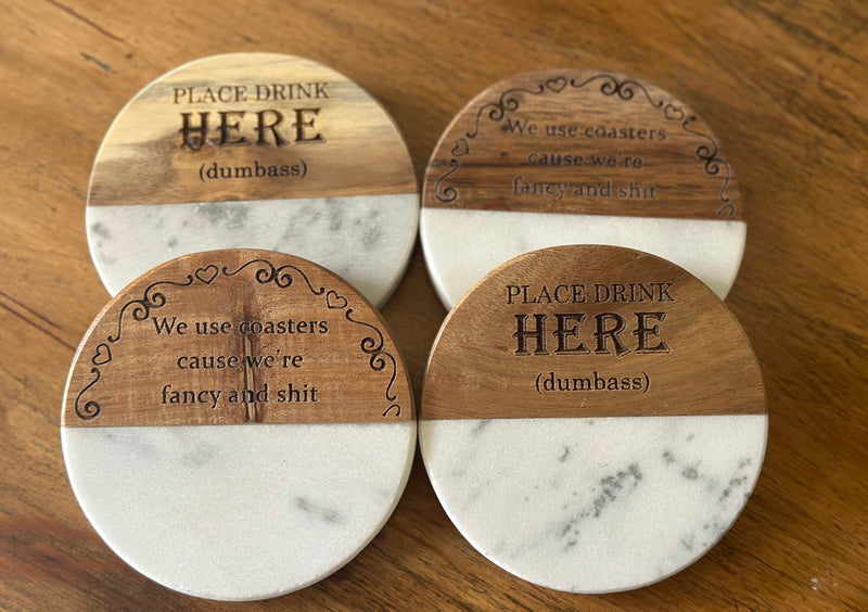 Funny wood and marble coaster set