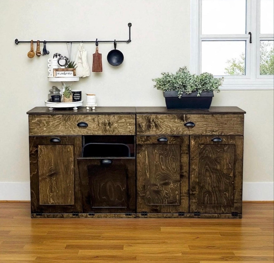 Counter tall 4 bin trash cabinet with a storage drawer in dark brown stain