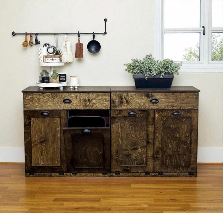 Counter tall 4 bin trash cabinet with a storage drawer in dark brown stain