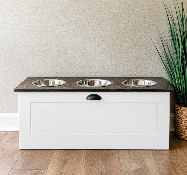 3 bowl elevated pet feeder with storage drawer farmhouse style