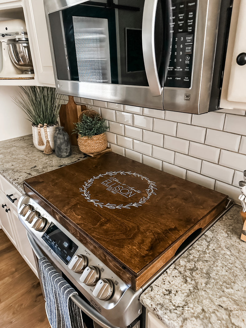 Personalized wedding/anniversary stove cover in warm brown Ellison