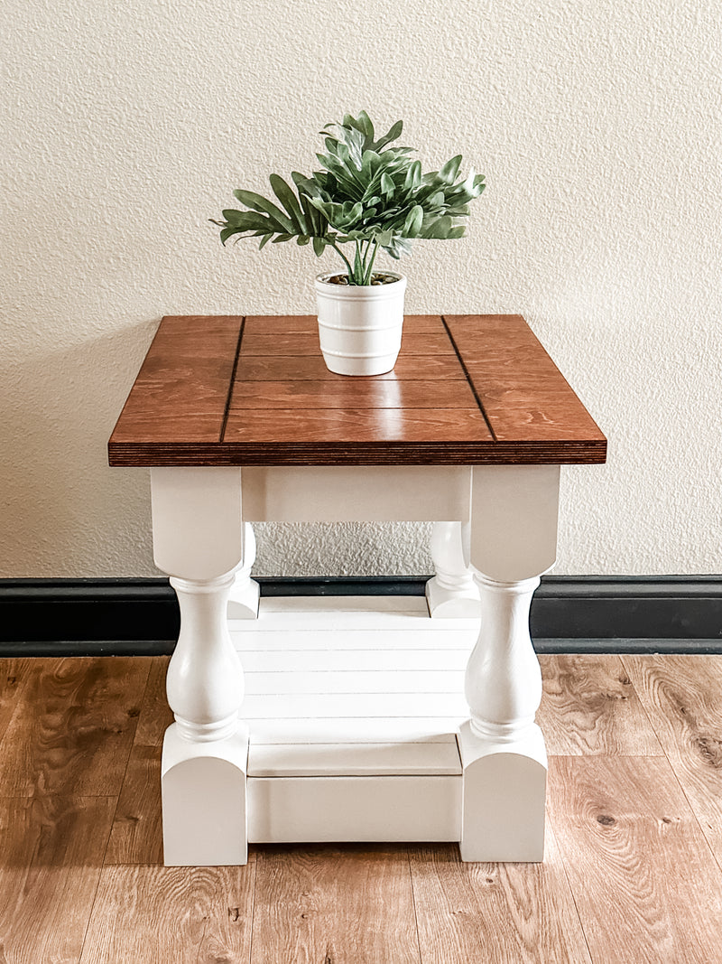 Rustic baluster farmhouse end table in red oak