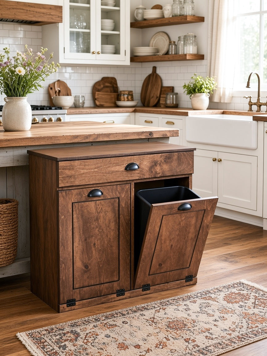 Counter tall hidden trash cabinet with a storage drawer in warm brown