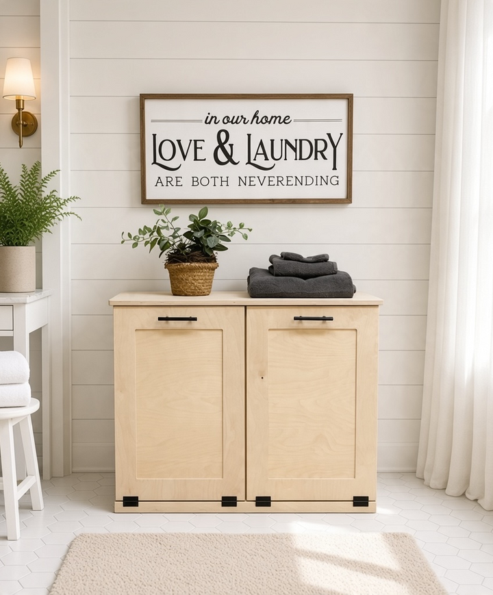 Handmade double laundry hamper in bare wood