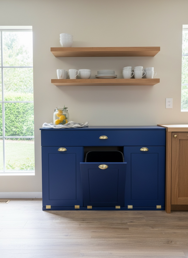 Beautiful triple trash cabinet with a storage drawer in blue
