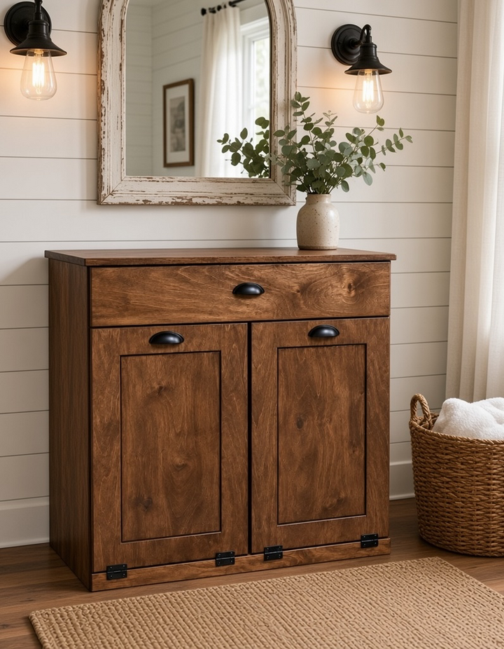 Double laundry hamper with a storage drawer in warm brown stain