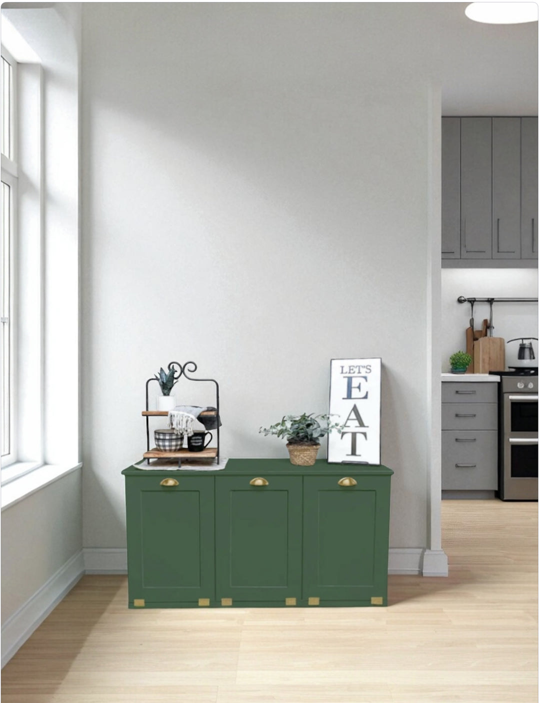 Free standing triple trash cabinet in green