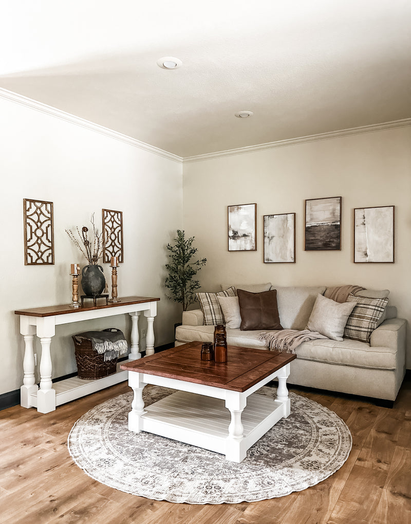 Rustic baluster square farmhouse coffee table in red oak