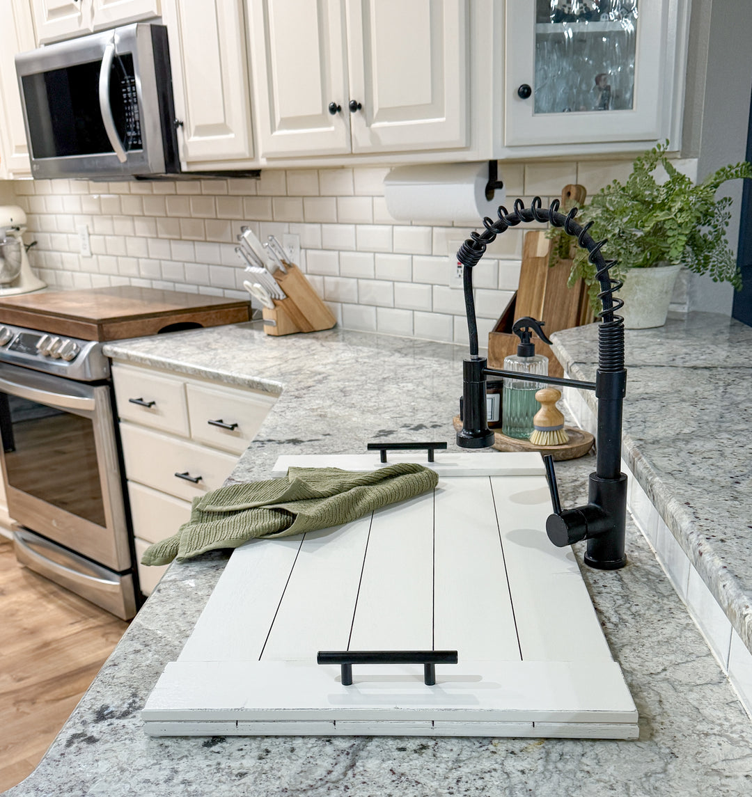 Distressed slatted sink cover in white