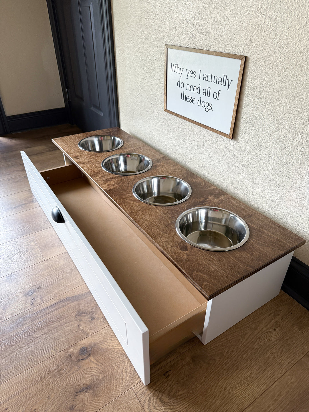 Four bowl large size white elevated dog feeder with drawer