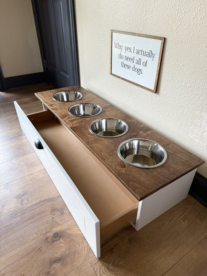 Four bowl large size white elevated dog feeder with drawer