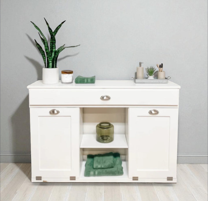 Triple laundry with a storage drawer and open shelving in white