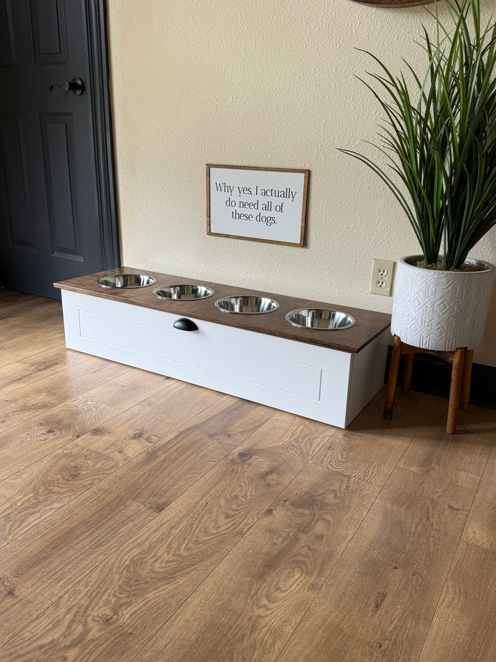 Four bowl large size white elevated dog feeder with drawer