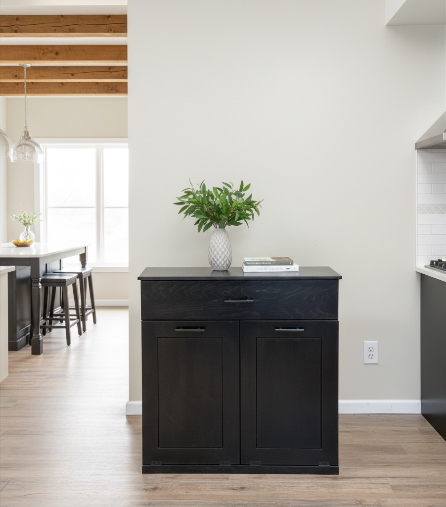 Free standing hidden trash cabinet with a storage drawer in black stain