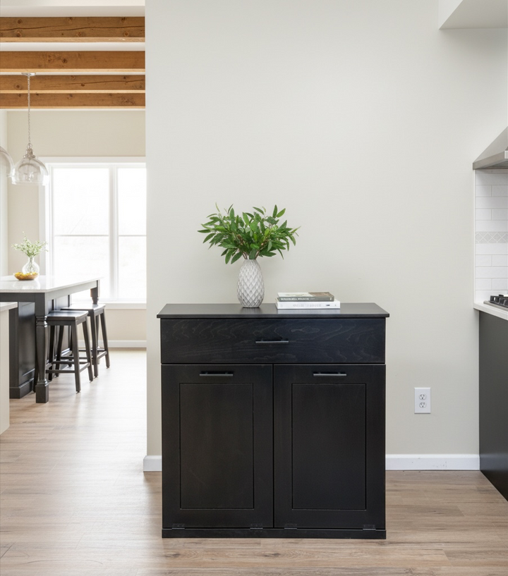 Free standing hidden trash cabinet with a storage drawer in black stain