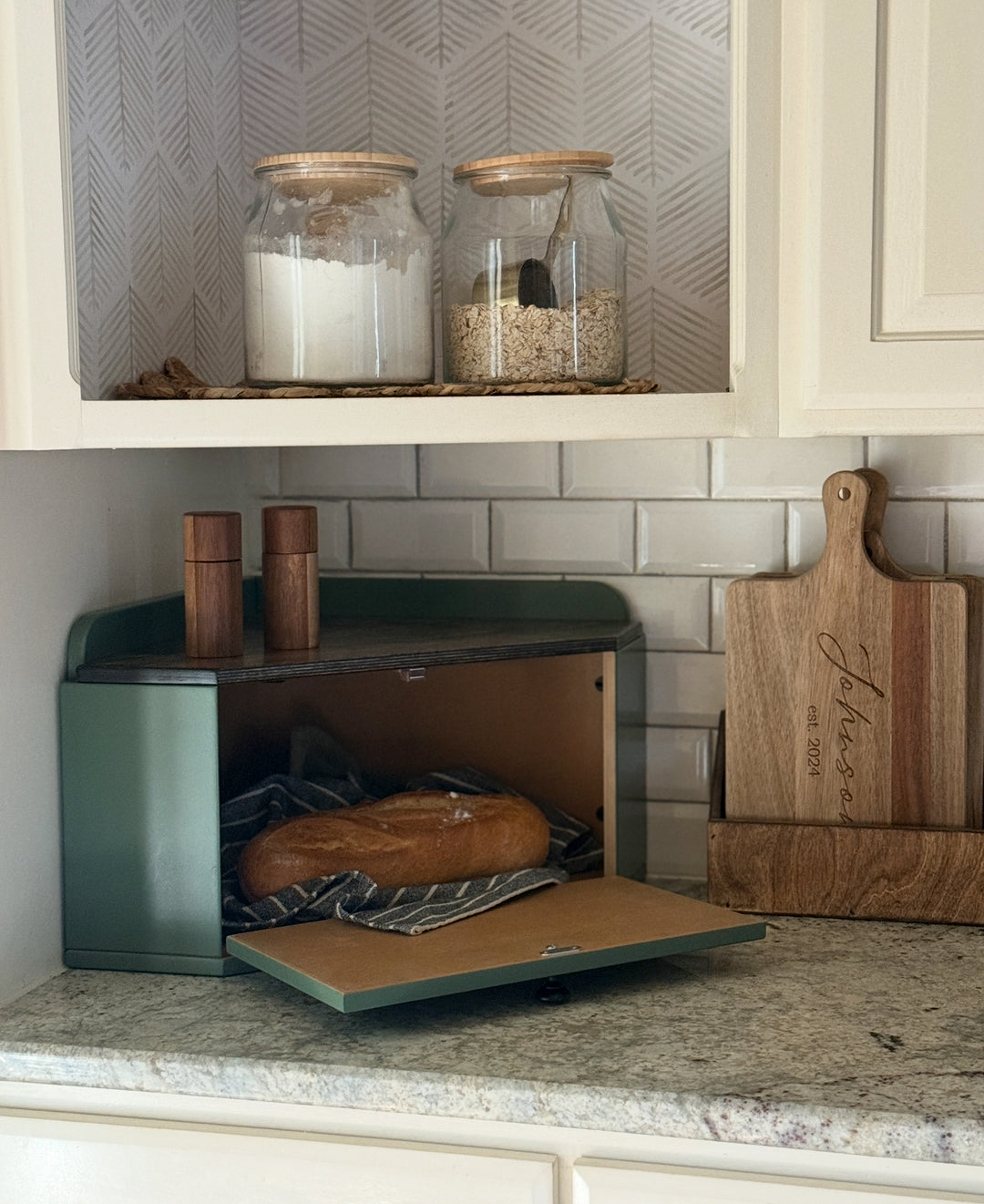 Bread box in green with stain top