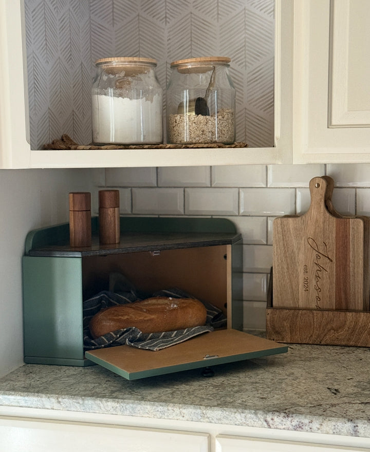 Bread box in green with stain top