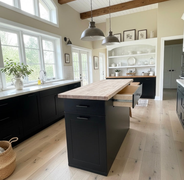 Handmade Kitchen Island with Pull-Out Trash Cabinet &amp; Drawers - Butcher Block Top