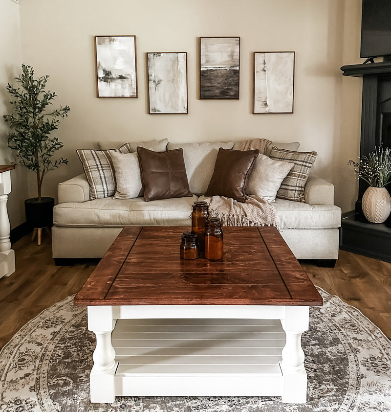 Rustic baluster square farmhouse coffee table in red oak