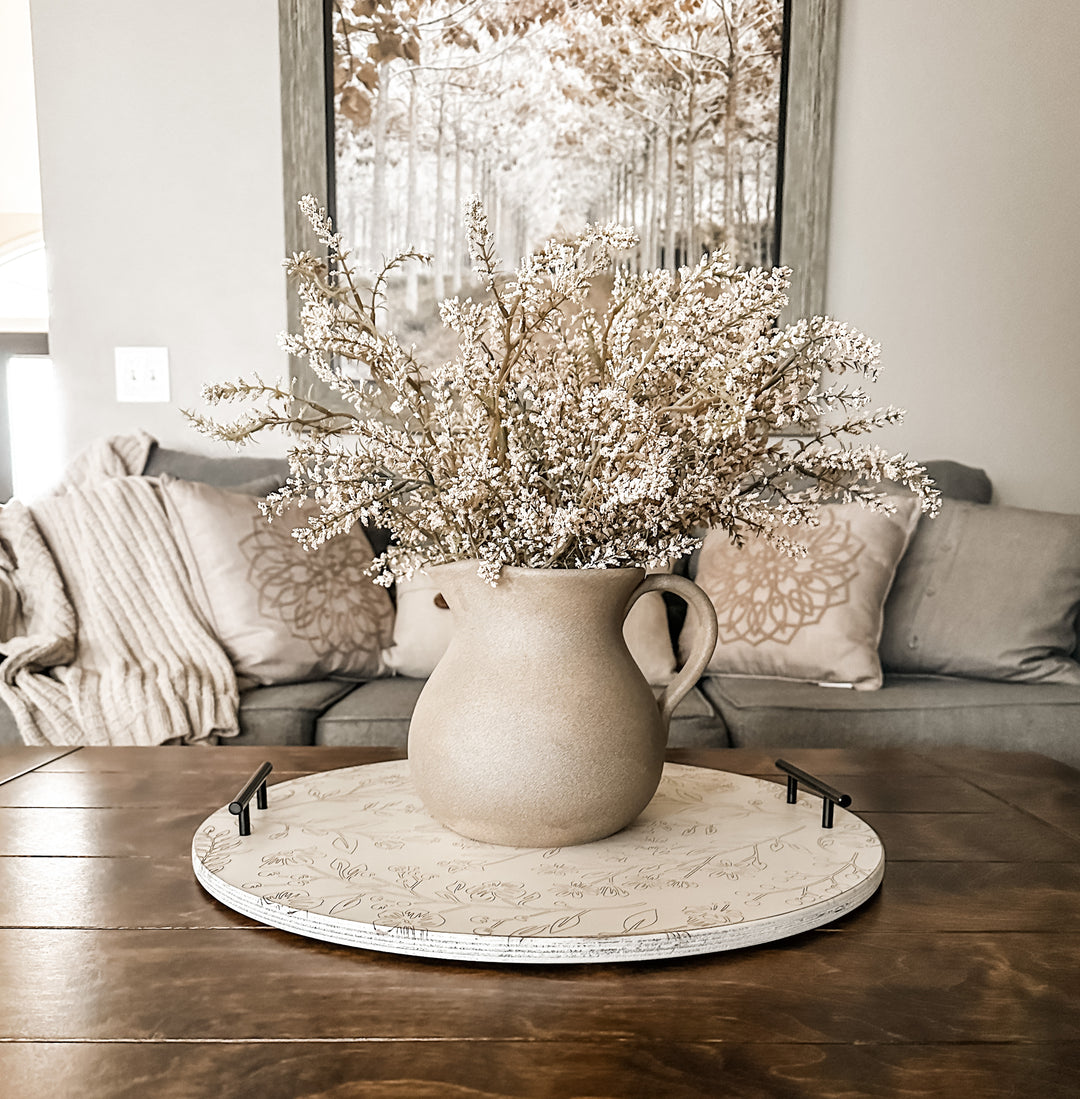 Round all over floral cottage tray in distressed white