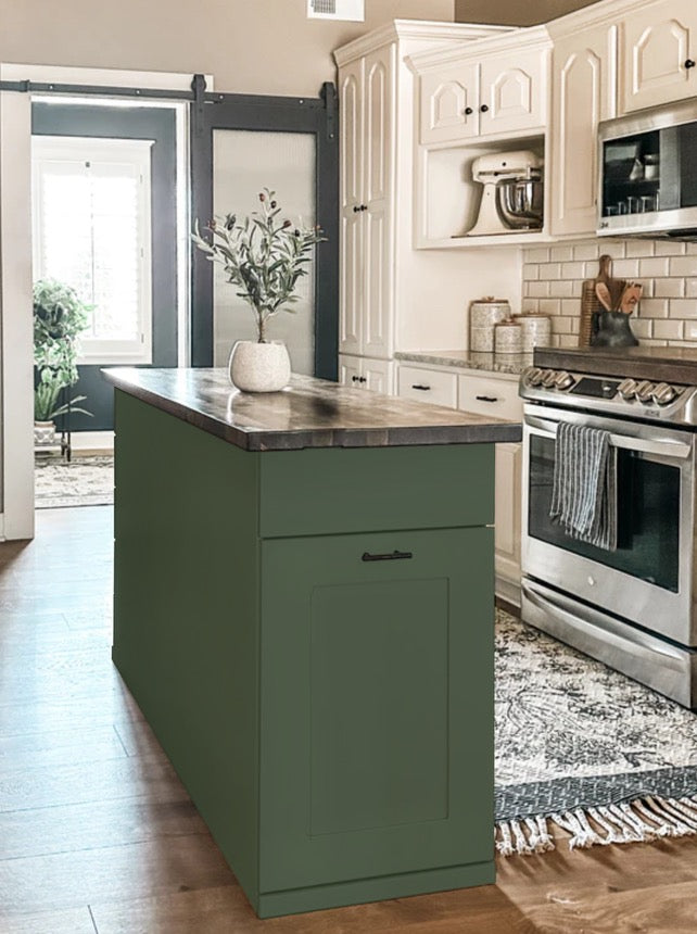 Kitchen Island with Pull-Out Trash Cabinet &amp; Drawers - Butcher Block Top - Handmade
