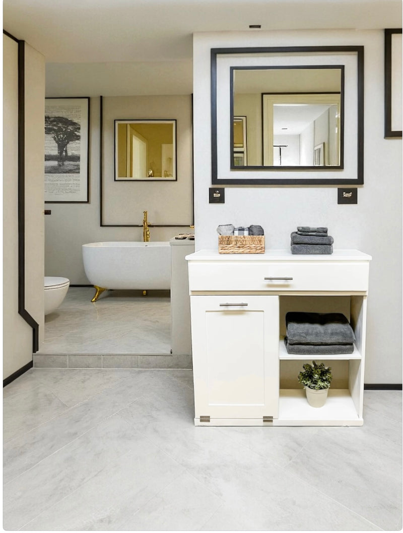 Dashwood laundry with open shelving and drawer in white, farmhouse style doors