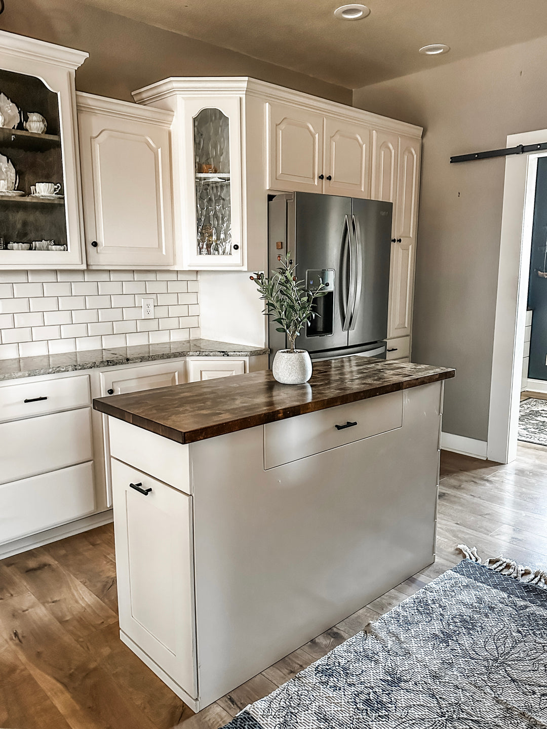 Kitchen Island with Pull-Out Trash Cabinet &amp; Drawers - Butcher Block Top - Handmade