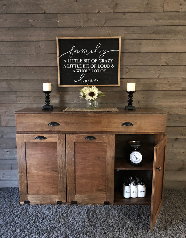 Triple with storage and cabinet in warm brown stain