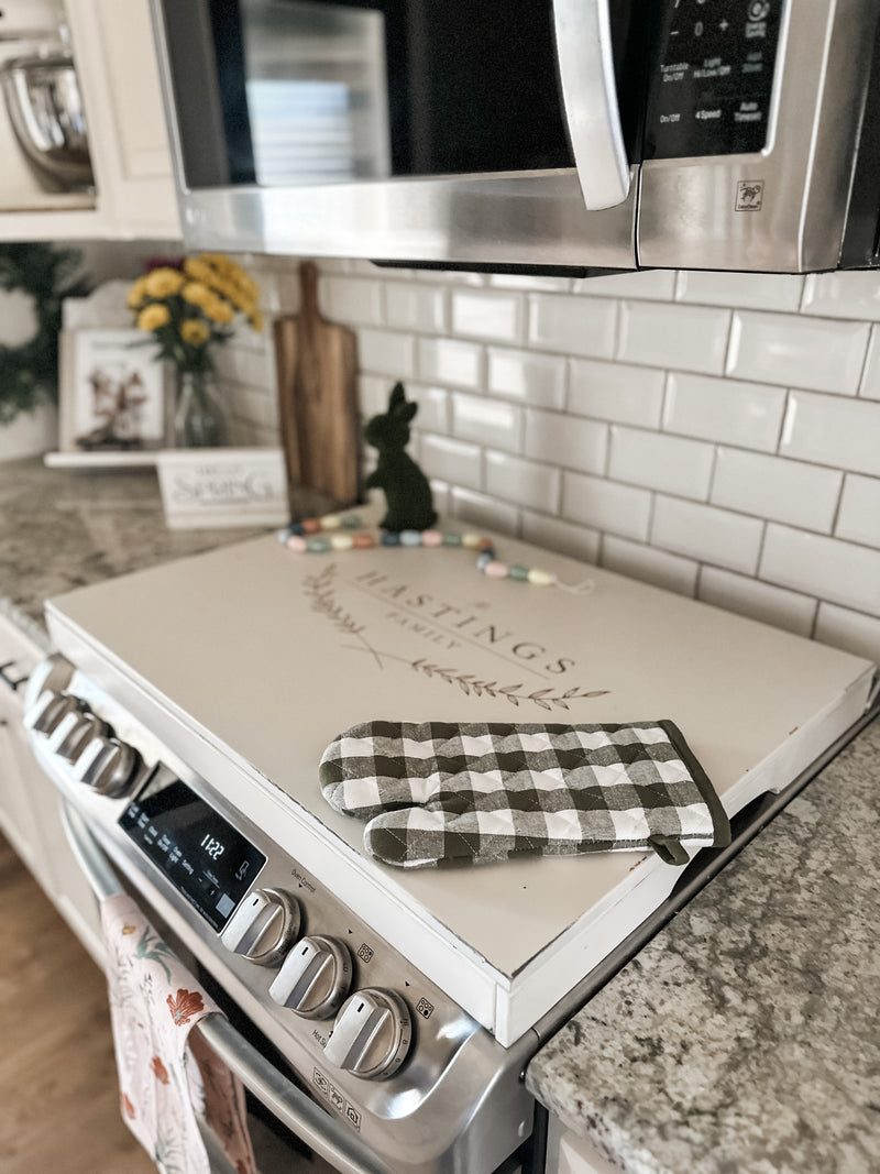 Personalized last name stove cover, ivory distressed, Hastings