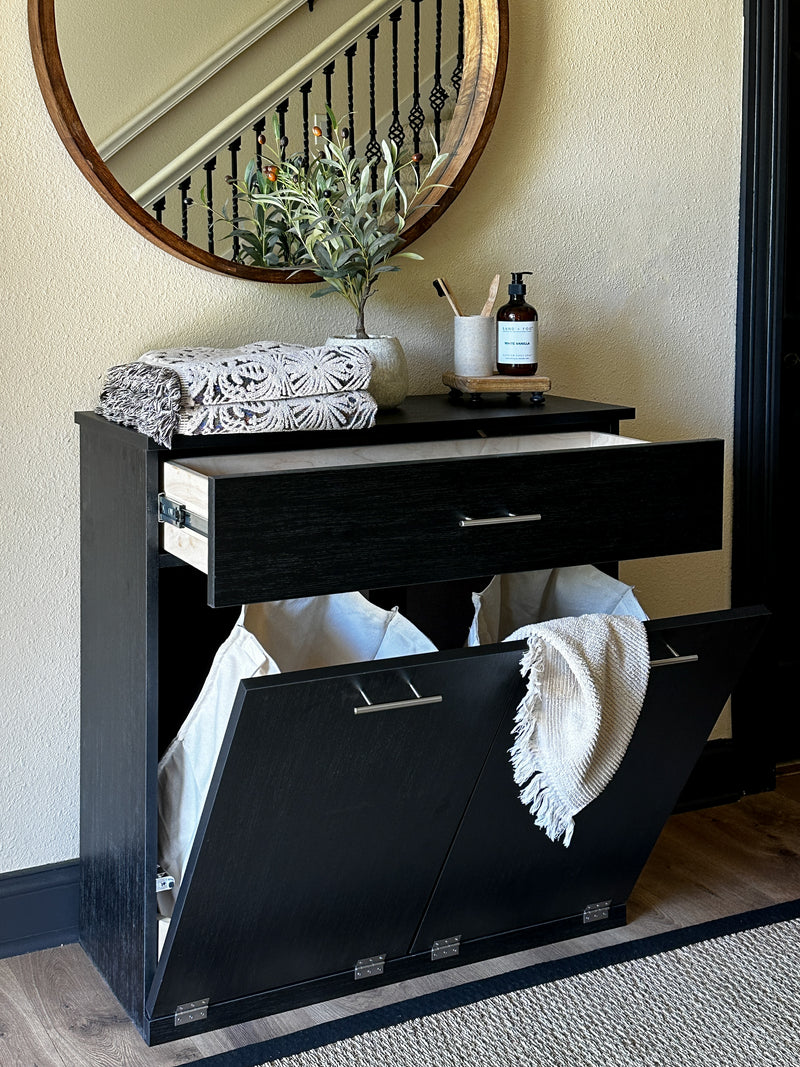 Dashwood laundry with a storage drawer in black wood look modern style