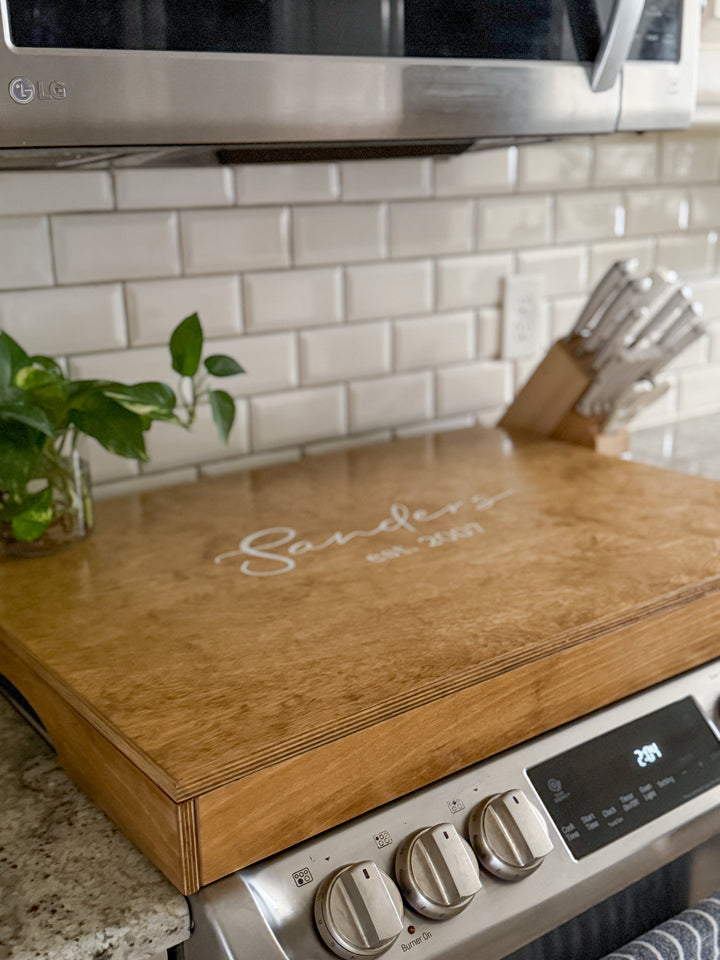 Personalized "Valencia" stove cover, golden oak + soft white