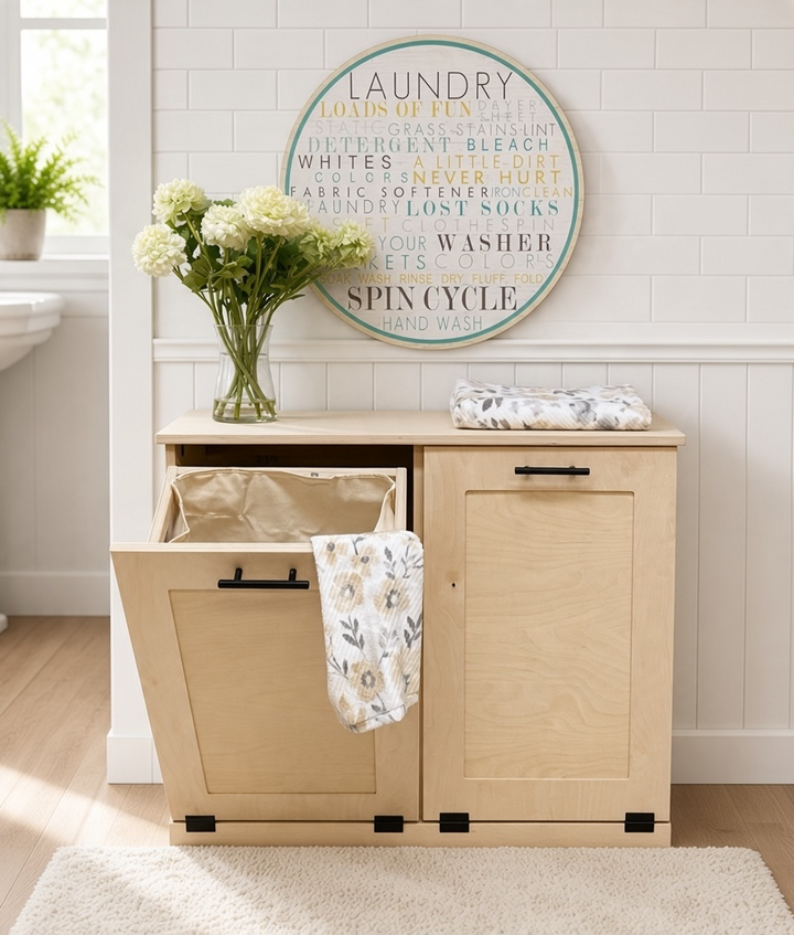 Handmade double laundry hamper in bare wood
