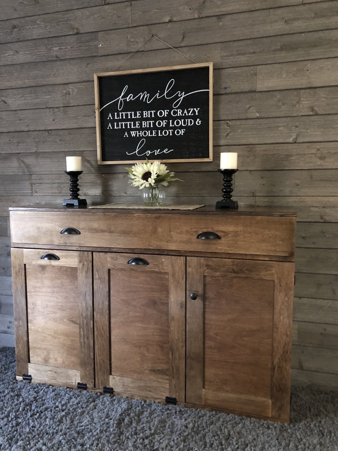 Triple with storage and cabinet in warm brown stain