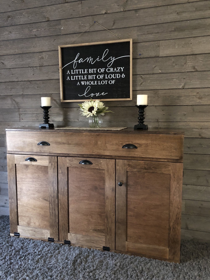 Triple with storage and cabinet in warm brown stain