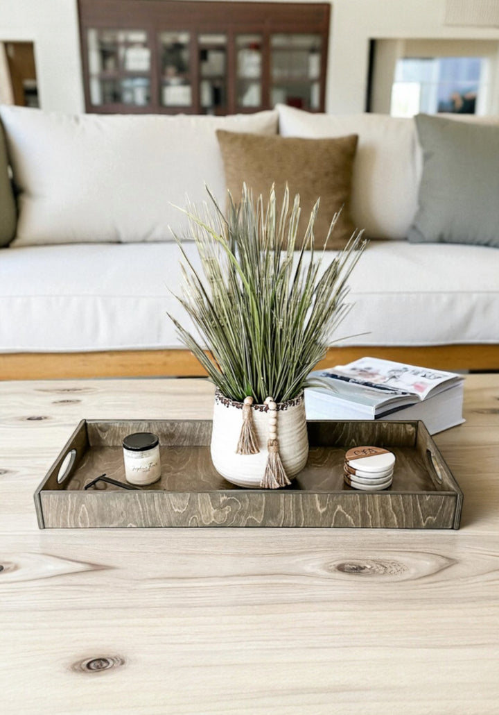 Counter organizer tray in gray brown stain