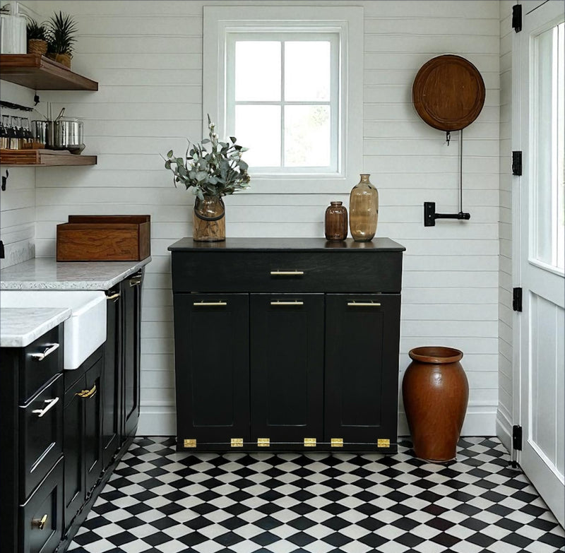 Prescott with a storage drawer in black farmhouse style doors