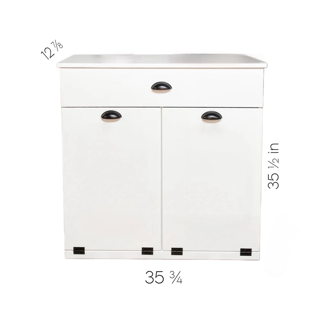 Freestanding trash cabinet with a storage drawer in dark brown stain