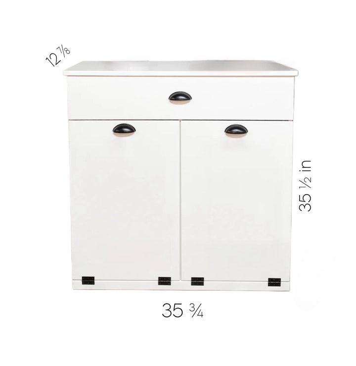 Freestanding trash cabinet with a storage drawer in dark brown stain