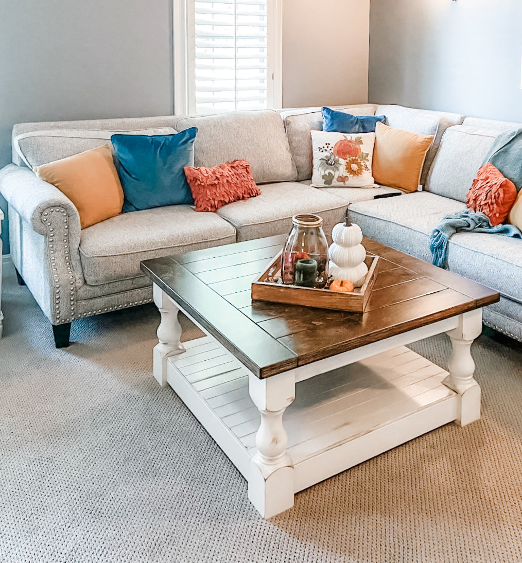Rustic baluster square farmhouse coffee table distressed warm brown
